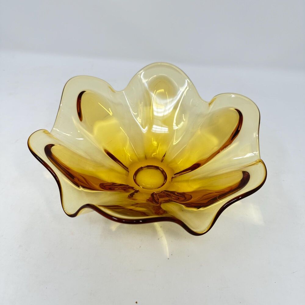 Vintage Viking Glass Epic Amber 6 Petal Bowl Mid Century Candy Dish 3" x 8"